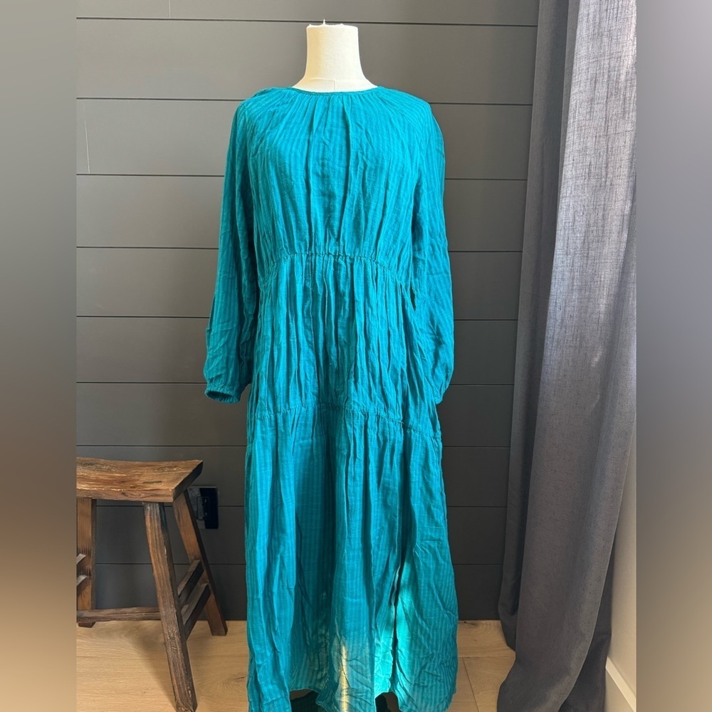 Sundry Teal Flowy Midi Tiered Dress Stripes Boho Feminine Cottagecore Peasant